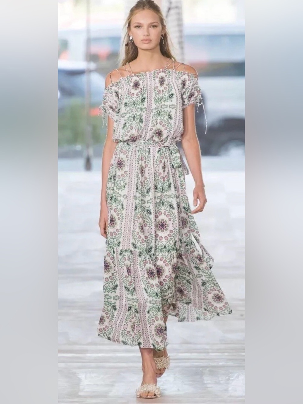 Tory Burch White Midi Dress with Green and Pink Floral Print